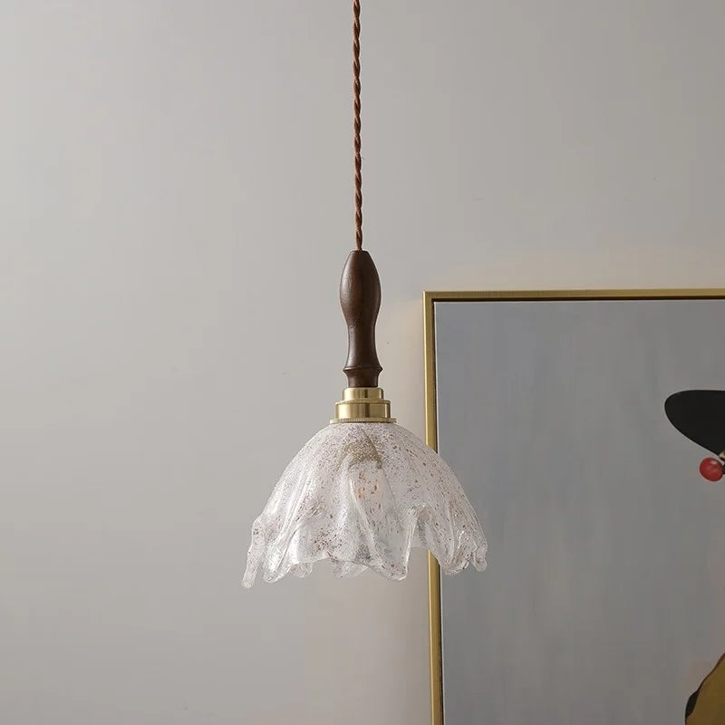 Afralia™ Glass LED Pendant Light Fixture Walnut Wood Modern Style Flush Mount Hang Lamp