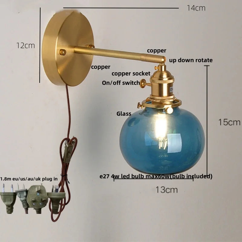 Afralia™ Vintage Blue Glass LED Wall Lamp, Pull Chain Switch, Stair Light Fixtures