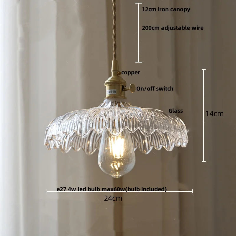 Amber Glass Walnut Wood LED Pendant Lamp with Copper Knob Switch