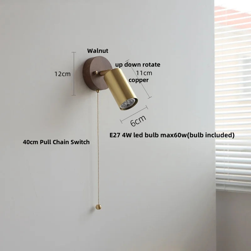 Walnut Wood LED Wall Light with Pull Chain Switch & Clear Glass Sconce