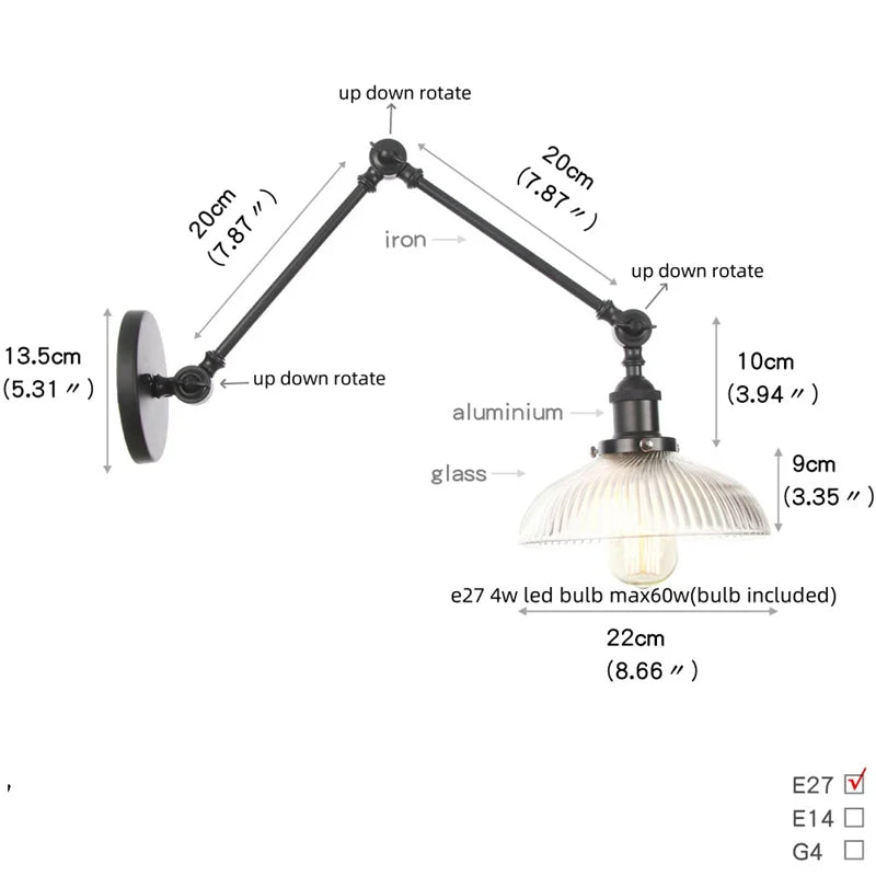 Black Vintage Wall Lamp White Glass Industrial Swing Arm Adjustable Bedside