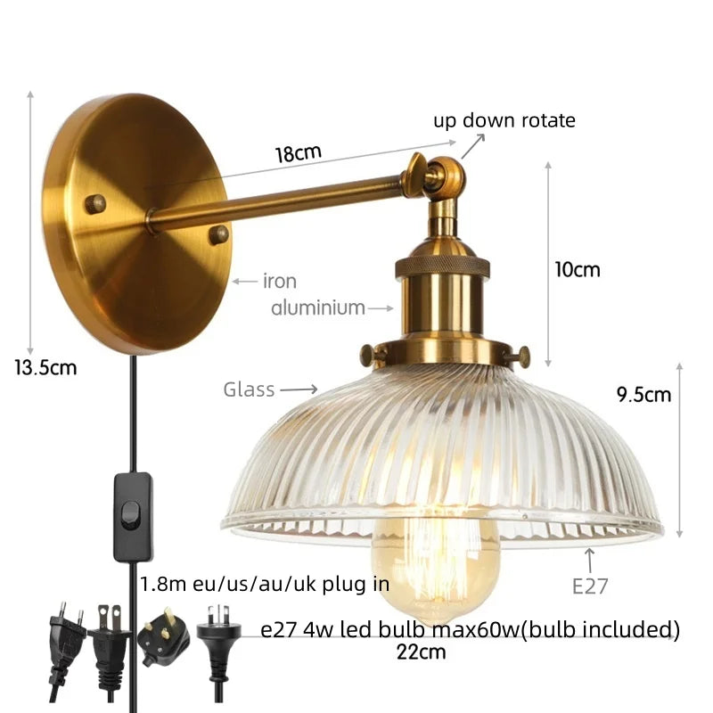Black LED Wall Lamp Vintage Style Iron Bedside Light Glass Wall Sconce