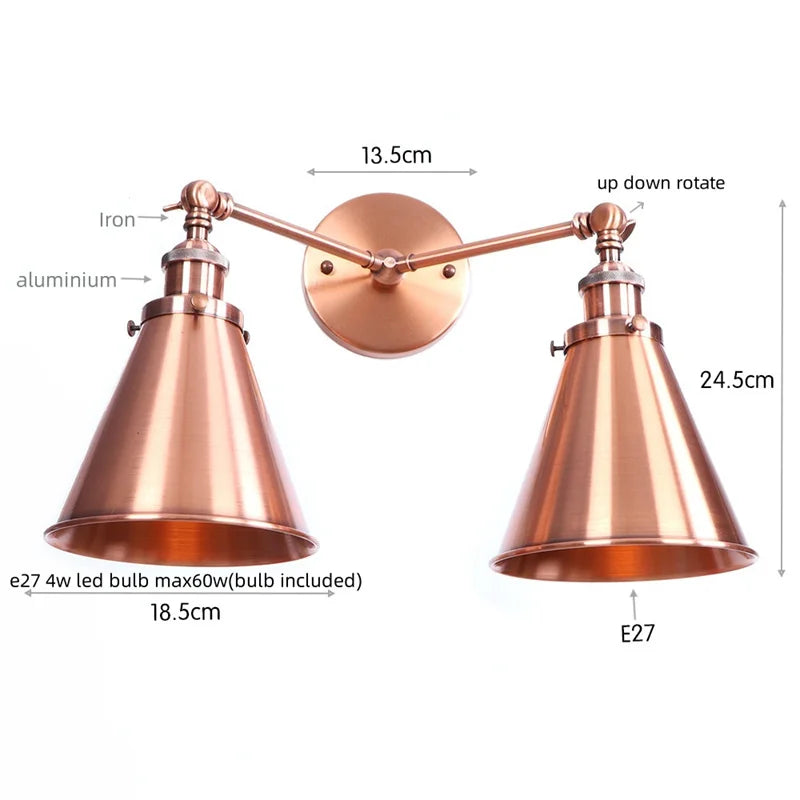 Vintage Gold Industrial Wall Lights with Pull Chain Switch and 2 Heads