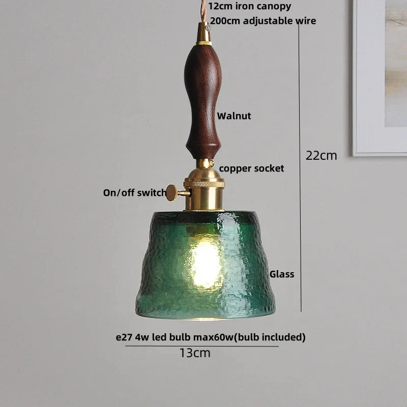 Walnut Wood LED Pendant Lights Colorful Glass Modern Kitchen Luminaira