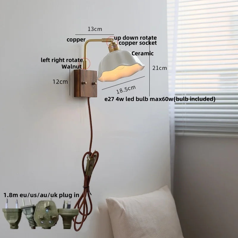 Walnut Brass Ceramic LED Wall Sconce | Modern Nordic Rotatable Stair Light