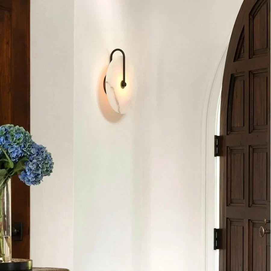 Nordic LED Wall Sconce Black Iron Round Marble Light Fixture