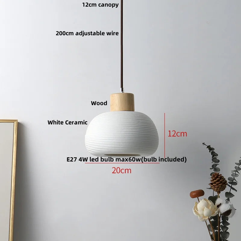Nordic LED Pendant Light Wood White Ceramic Hanging Lamp