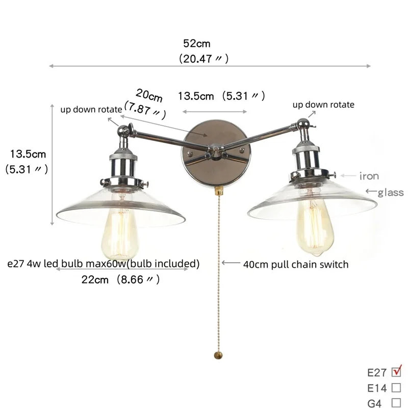 Glass 2-Light Wall Sconce with Pull Chain Switch for Bedroom and Bathroom