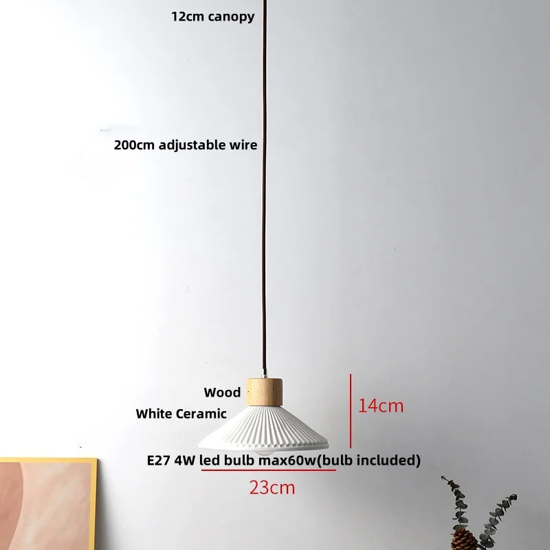 Wood LED Pendant Lamp White Ceramic Ball Hanging Lights
