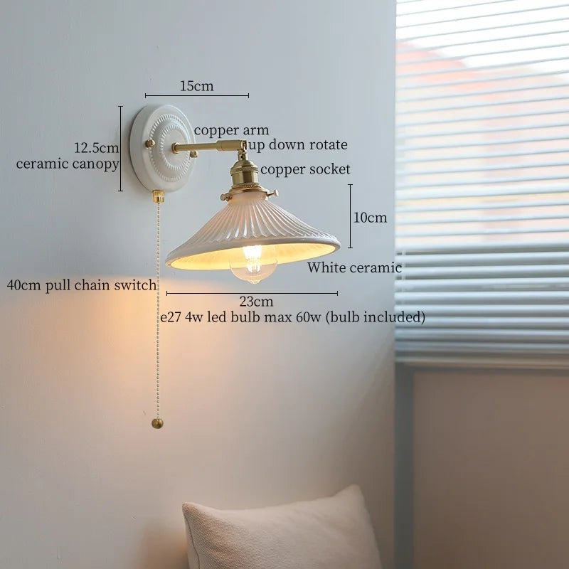 Afralia™ Copper Ceramic LED Wall Light with Pull Chain Switch for Living Room Decor.