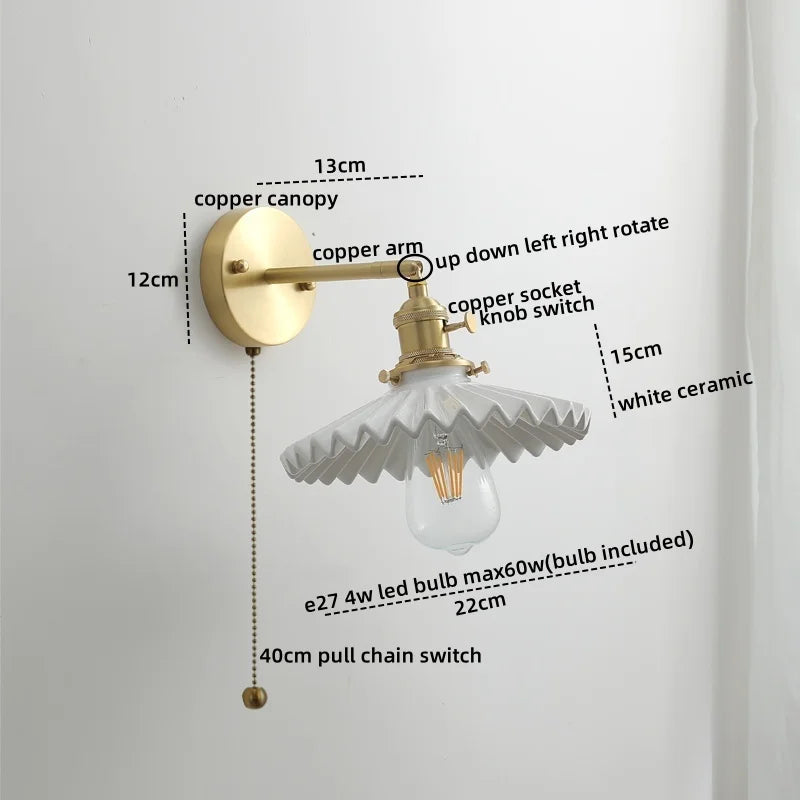 Copper Glass LED Wall Sconce Pull Chain Switch Modern Stair Light Fixtures