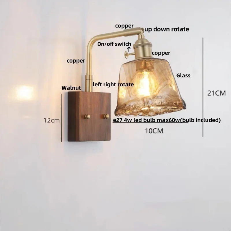 Wood LED Wall Light Up Down Rotate Copper Bedside Lamp