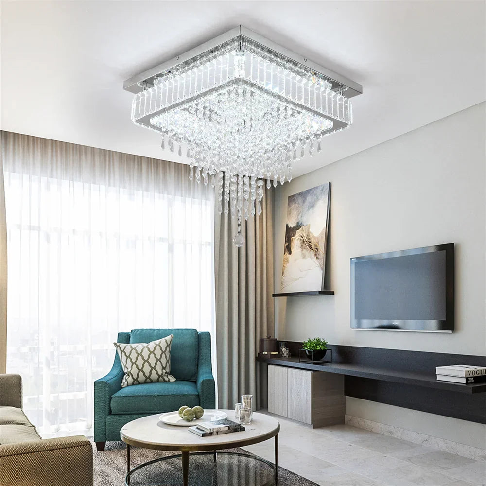 Crystal Square LED Chandelier: Modern Dimmable Ceiling Light for Bedroom, Living, Dinning Rooms