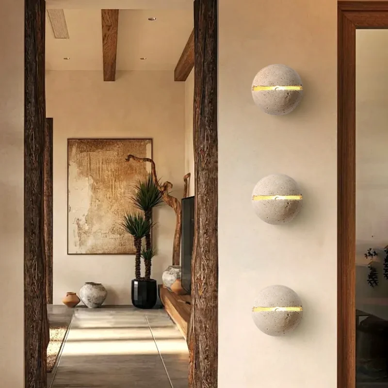 Yellow Travertine LED Wall Sconce for Bedroom Staircase Living Room - Nordic Modern Commercial-grade Mirror Light