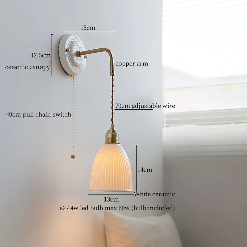 Afralia™ Copper Ceramic LED Wall Light with Pull Chain Switch for Living Room Decor.
