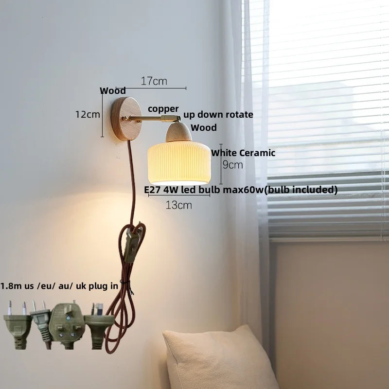 Wood Canopy LED Wall Light Pull Chain Switch Nordic Modern Bedside Sconce