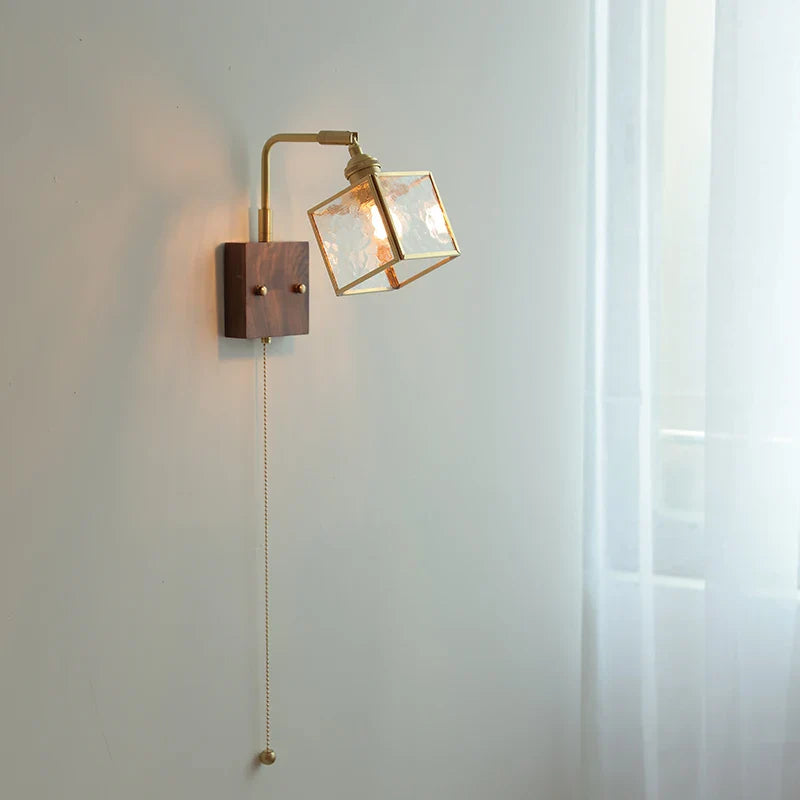 Walnut LED Wall Sconce, Vintage Glass Cube Stair Light Fixture