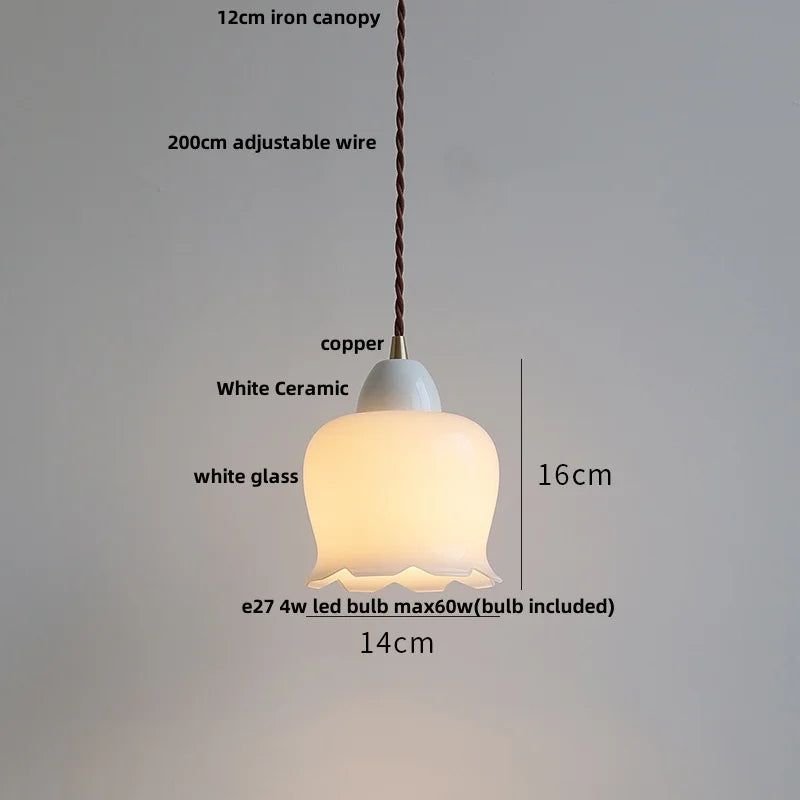 White Glass LED Pendant Lamp Copper Adjustable Hanging Light