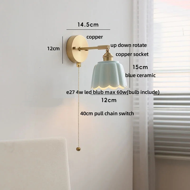 Ceramic Copper LED Wall Sconce Pull Chain Switch Reading Room Bedside Lamp