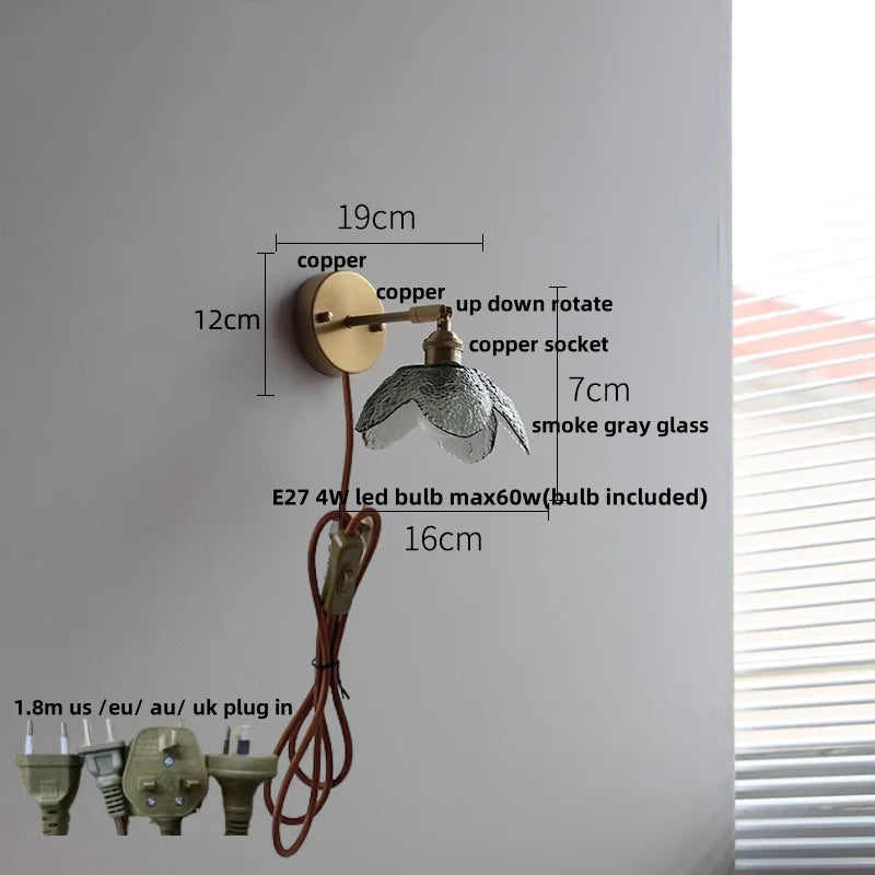 Tiffany Blue Glass LED Wall Sconce Rotate Copper Pull Chain Switch Light Fixtures