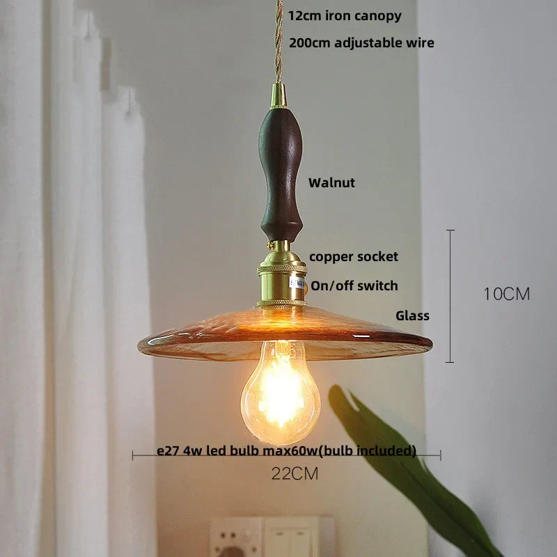 Wood Amber Glass LED Pendant Light Fixture - Nordic Modern Hanging Lamp