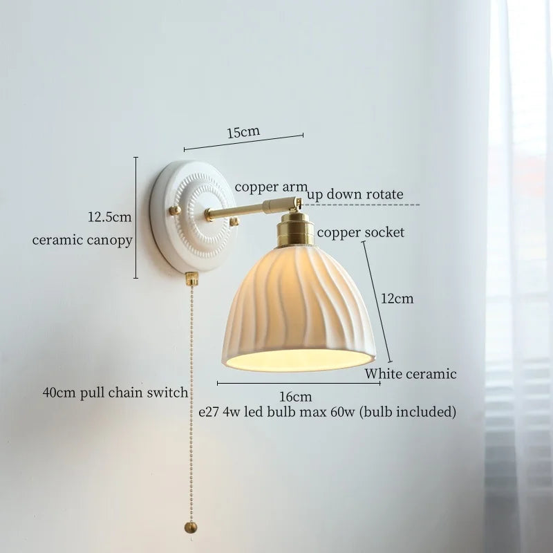 Afralia™ Copper Ceramic LED Wall Lamp with Pull Chain Switch for Stair Living Room