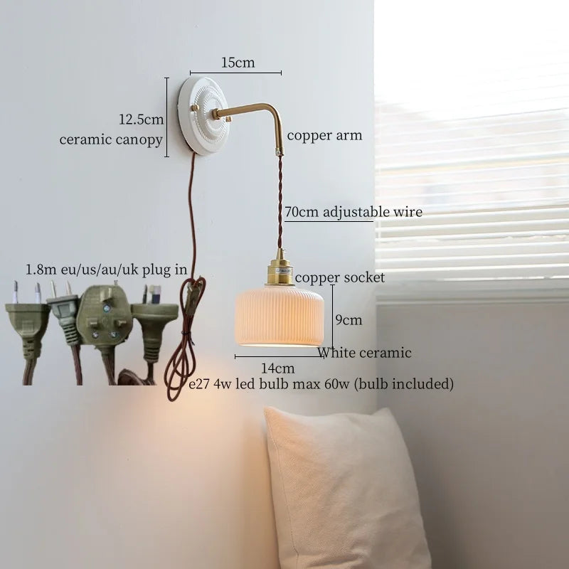 Afralia™ Copper Ceramic LED Wall Light with Pull Chain Switch for Living Room Decor.