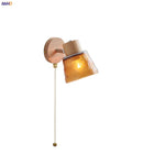 Amber Glass LED Wall Sconce Nordic Modern Wood Pull Chain Switch Stair Light
