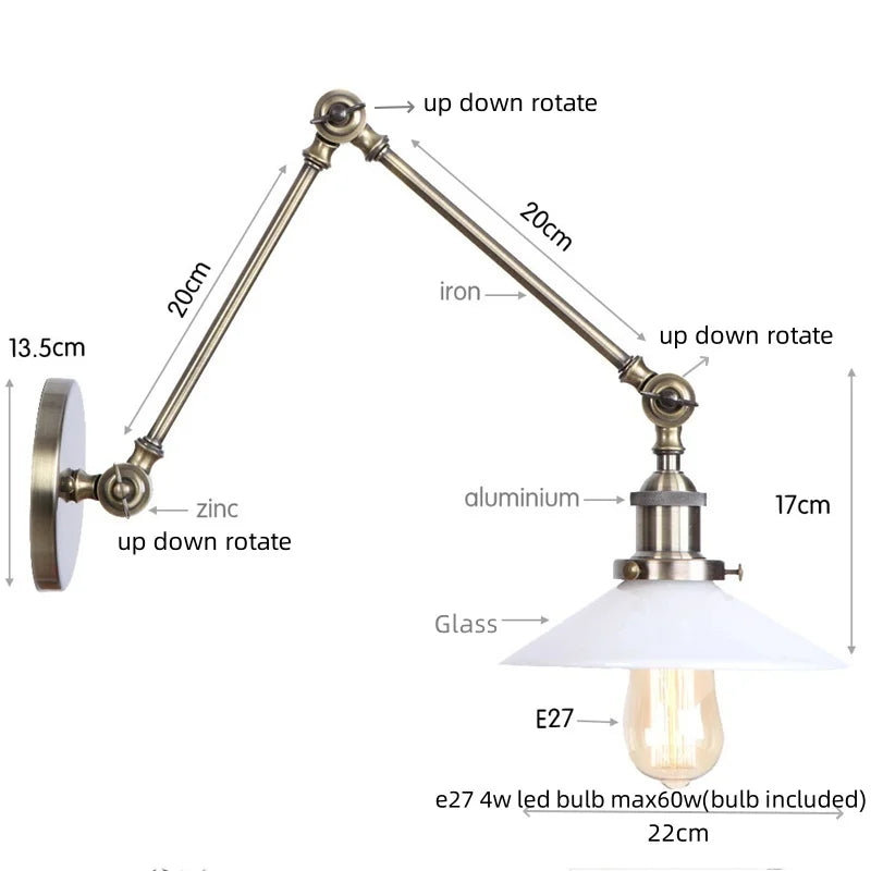 Vintage Industrial LED Wall Light with Clear Glass Shade & Adjustable Long Arm