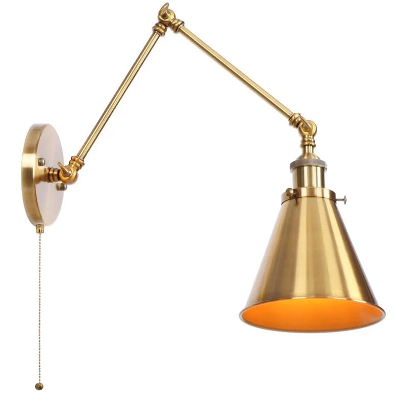 Vintage Iron Gold LED Wall Lamp with Long Arm and Pull Chain Switch