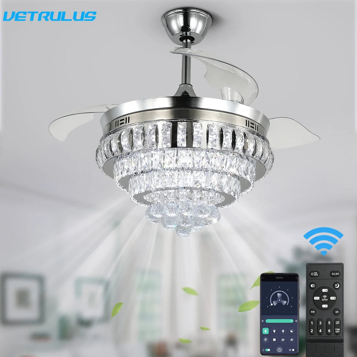 Crystal Ceiling Fan with LED Light and Remote Control