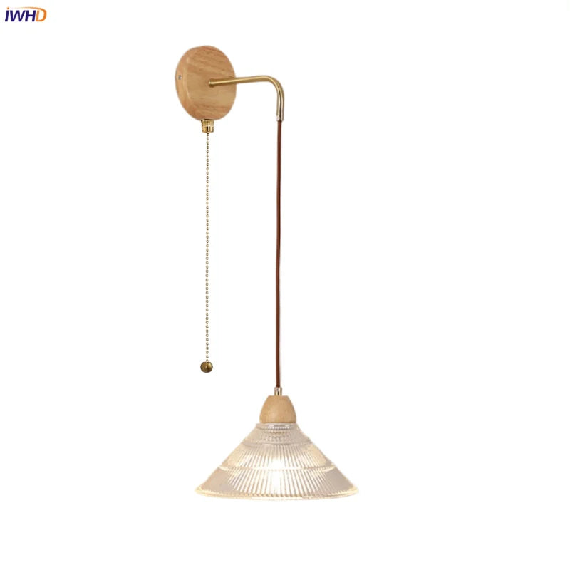 Clear Glass LED Wall Lights with Wood Pull Chain Switch, Modern Art Bedside Lamp