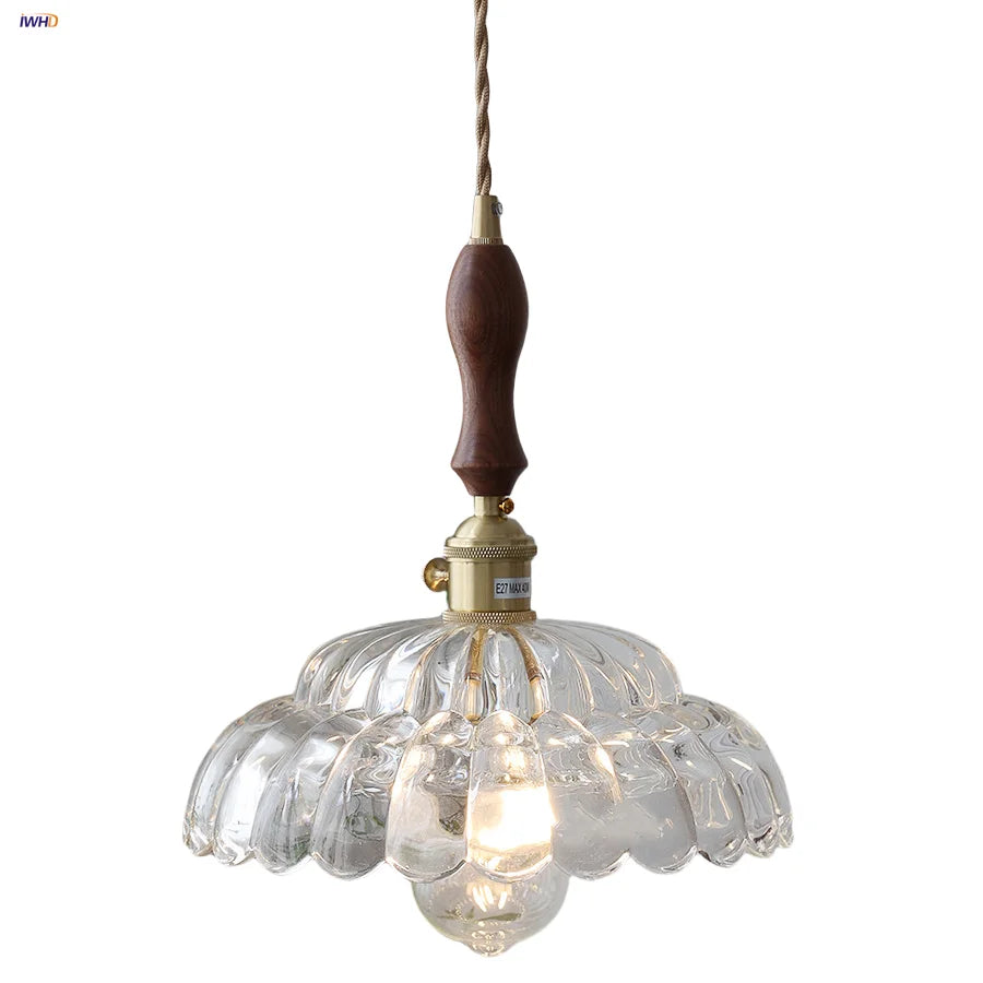 Walnut LED Glass Flower Pendant Light Fixture Adjusts Wire Modern Dining Bathroom
