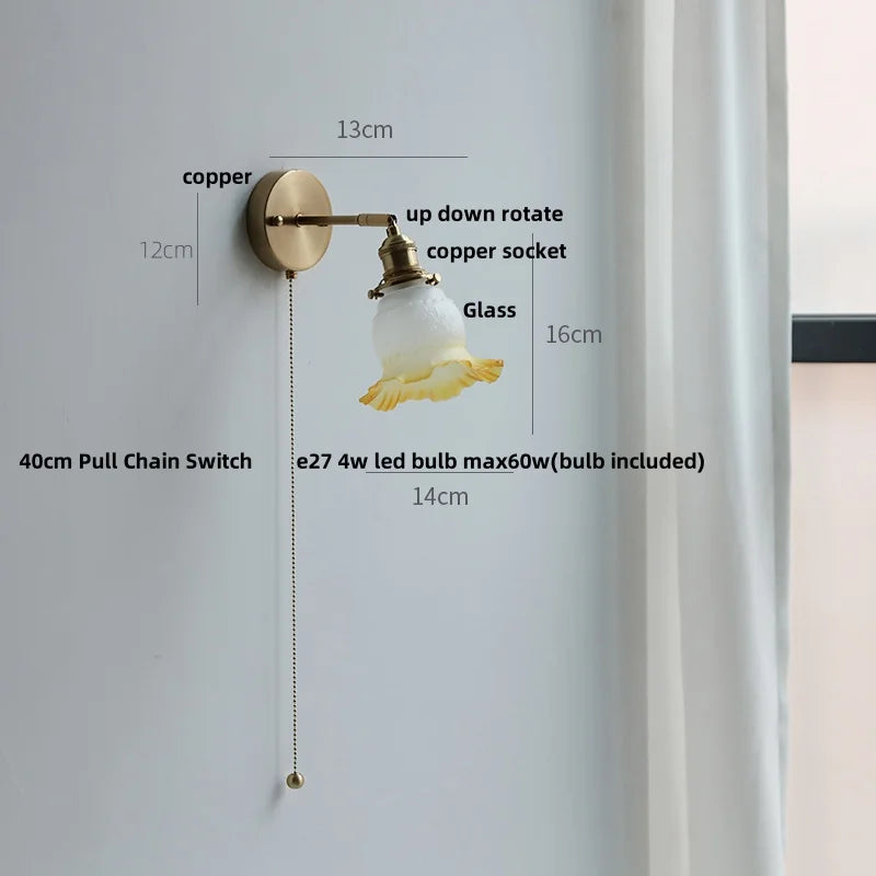 Afralia™ Glass Wall Sconce Retro LED Rotate Pull Chain Mirror Light