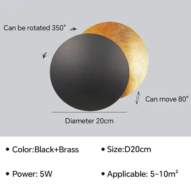 Rotatable Solar Eclipse LED Wall Lights in Black Gold Texture