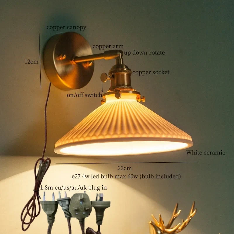 Afralia™ Brass Ceramic LED Wall Light | Nordic Modern Bedside Lamp for Bedroom, Bathroom, and Sofa