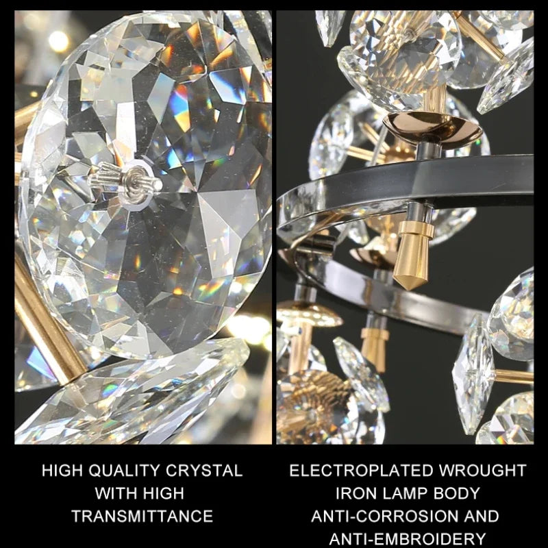 Sunflower Crystal Chandelier: Luxury Gold & Black LED Pendant Light