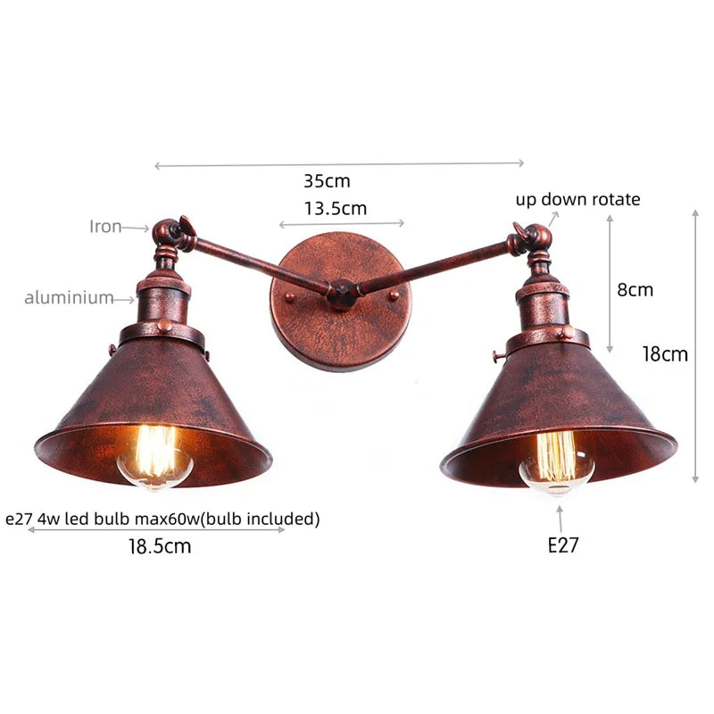 Afralia™ Industrial Vintage LED Wall Light Iron Gold 2 Heads Simple Lamparas De Pared.