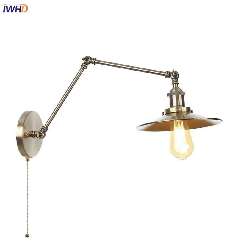 Vintage Industrial Long Arm Adjustable LED Wall Sconce Pull Chain Switch Bedside Lamp