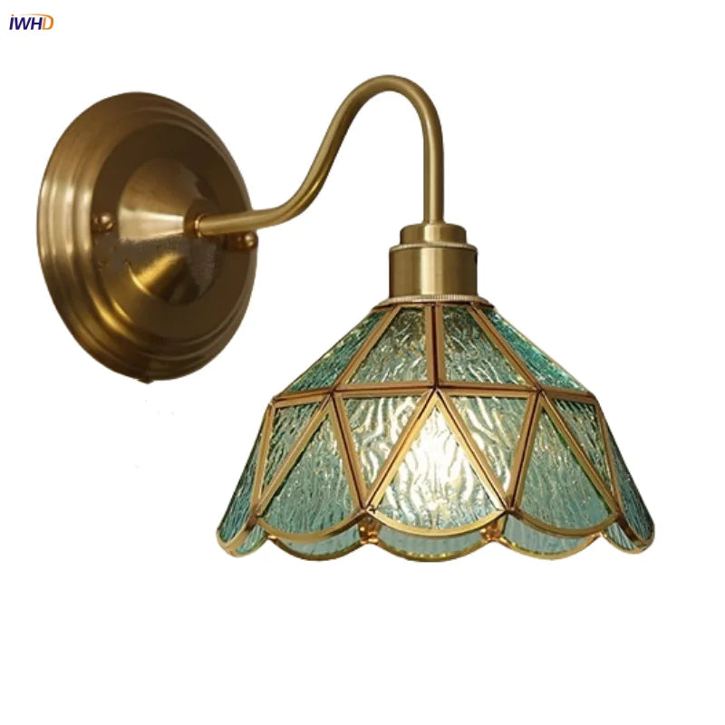 Afralia™ Blue Glass Copper LED Wall Light Fixture Stair Bar Restaurant Bedroom E27