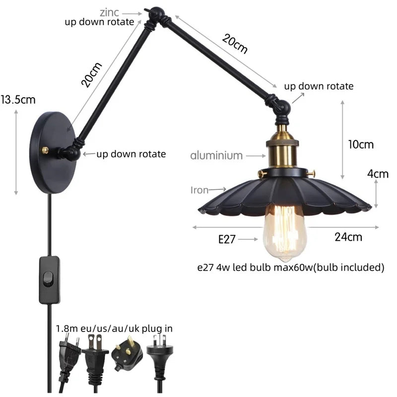 Black Iron LED Wall Light Fixture Industrial Vintage Adjustable Long Arm