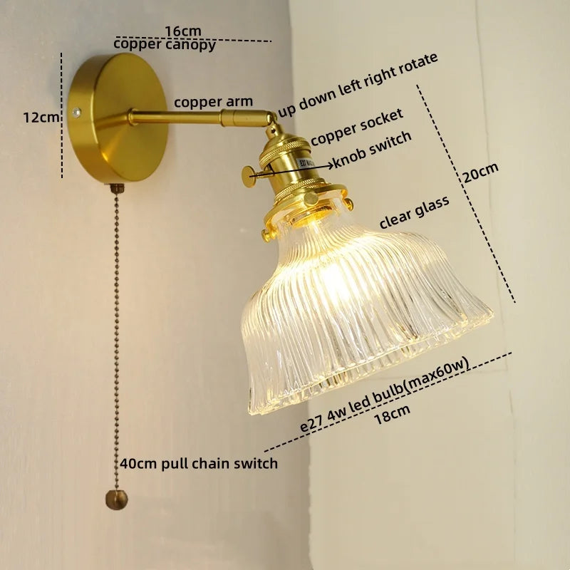Nordic LED Wall Lights Pull Chain Switch Copper Glass Home Decor
