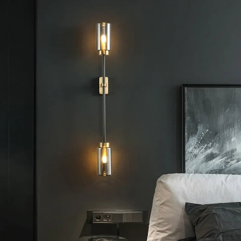 Smokey Gray Glass Linear Brass LED Wall Lights