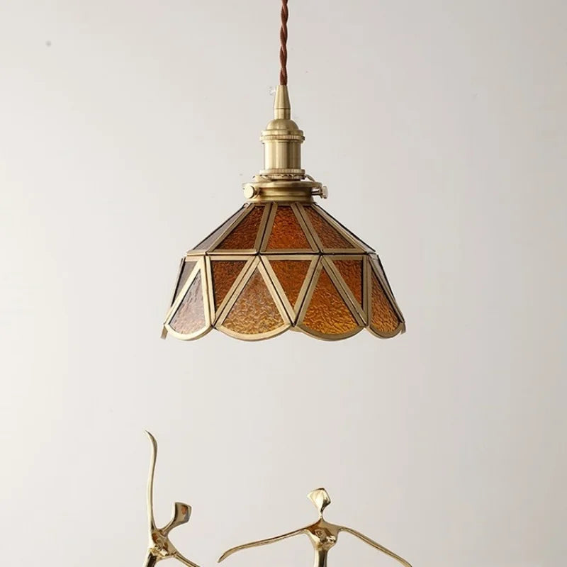 Amber Glass LED Pendant Light - Nordic Modern Copper Suspension Luminaire for Home