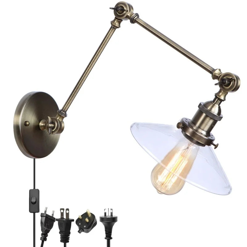 Vintage Industrial LED Wall Light with Clear Glass Shade & Adjustable Long Arm