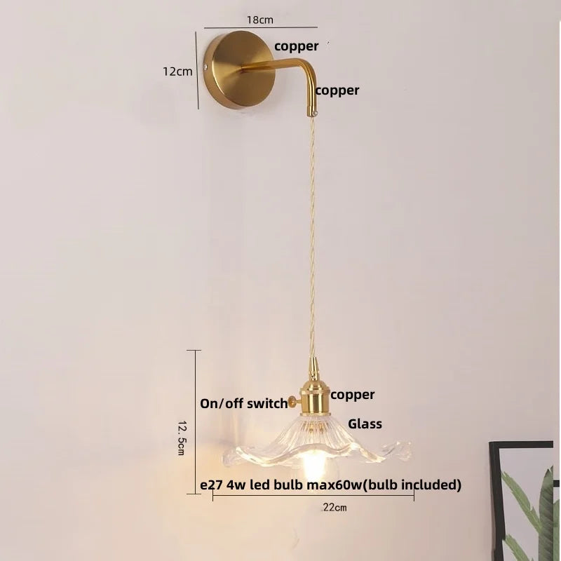 Copper LED Glass Wall Sconce with Pull Chain Switch for Living Dining Room