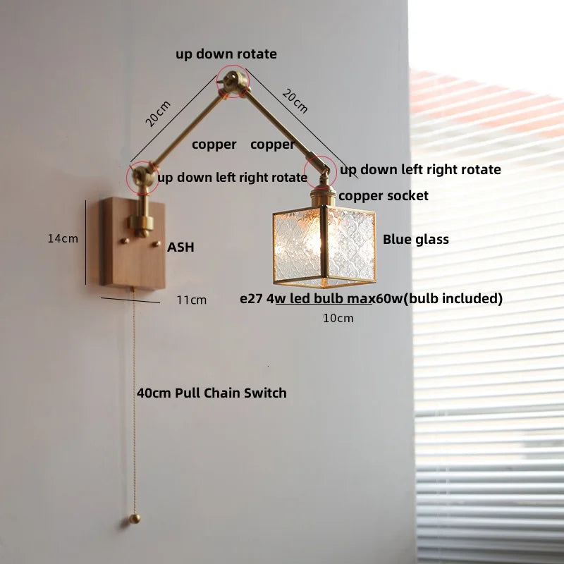 Ash Wood LED Swing Arm Wall Light with Pull Chain Switch & Blue Glass