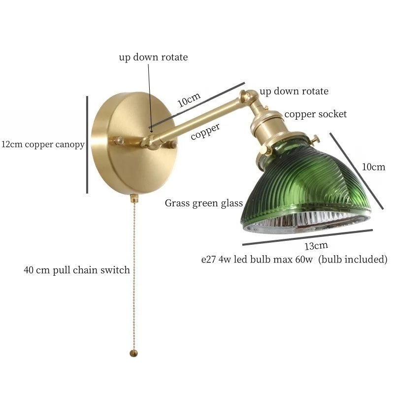 Green Glass LED Wall Sconce, Pull Chain Switch, for Bedside, Bathroom, Living Room