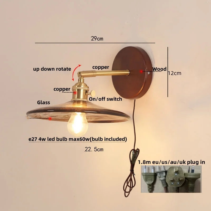 Walnut Wood LED Wall Light Nordic Modern Glass Pull Chain Switch