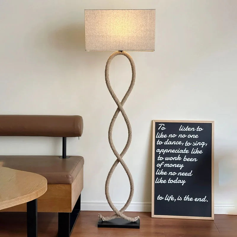 Hemp Rope Fabric Shade LED Floor Lamp for Nordic Retro Wabi Sabi Style